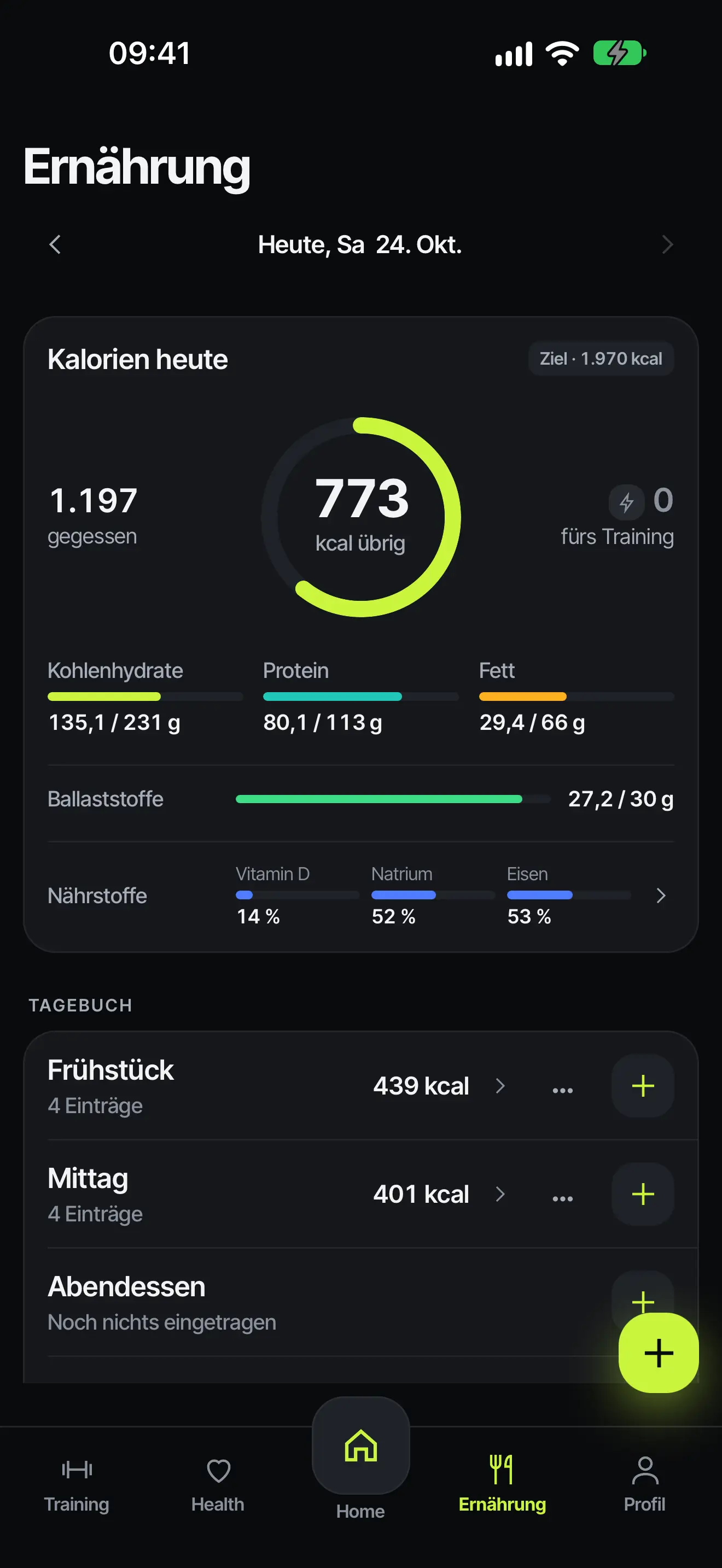 Komcoach-Ansicht Ernährung heute: 1.197 kcal gegessen und 773 kcal übrig von 1.970 kcal; Kohlenhydrate 135 von 231 g, Protein 80 von 113 g, Fett 29 von 66 g; im Tagebuch Frühstück 439 kcal und Mittag 401 kcal