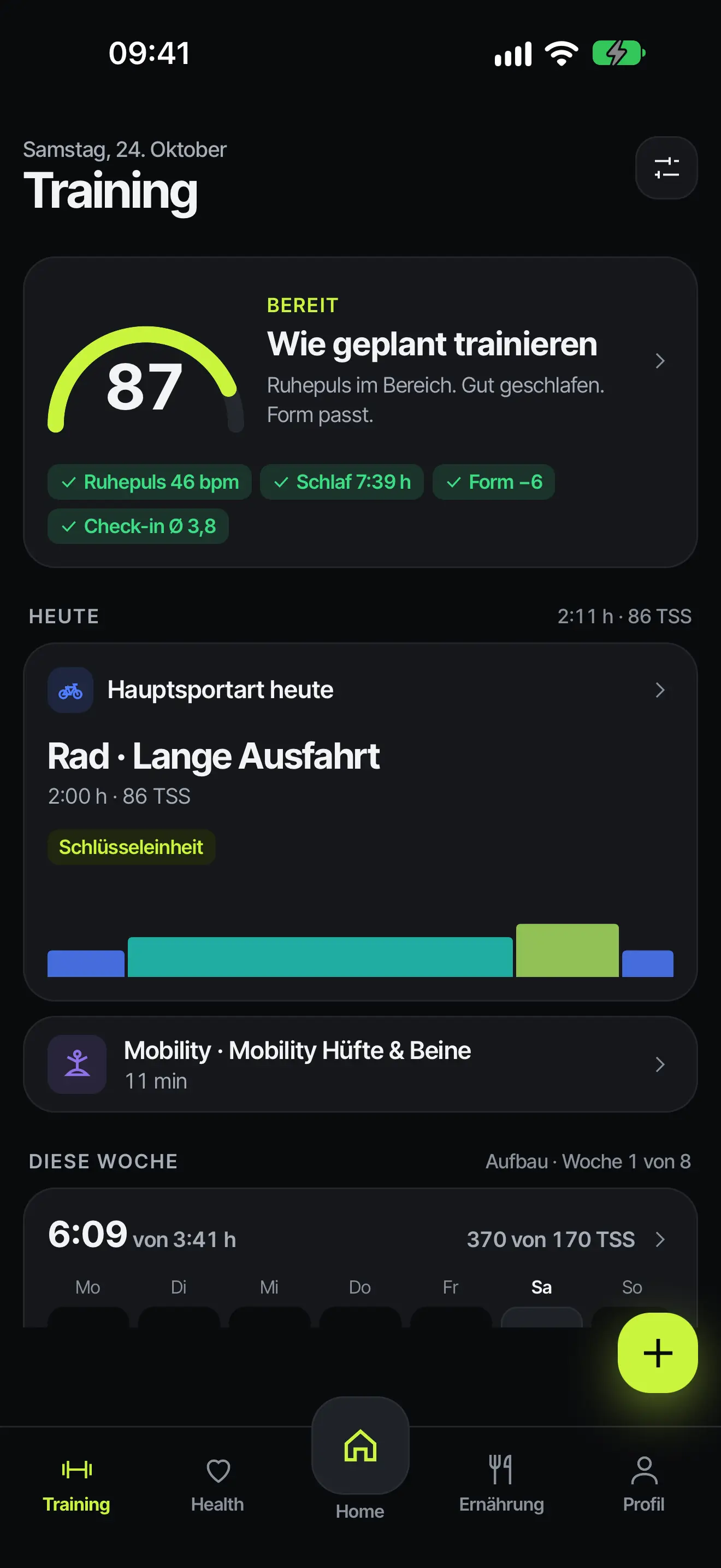 Komcoach-Ansicht Training heute: Readiness 87 · Bereit mit der Empfehlung „Wie geplant trainieren“, Ruhepuls 46 bpm, Schlaf 7:39 h und Form −6; darunter die Einheit des Tages Rad · Lange Ausfahrt, 2:00 h, 86 TSS